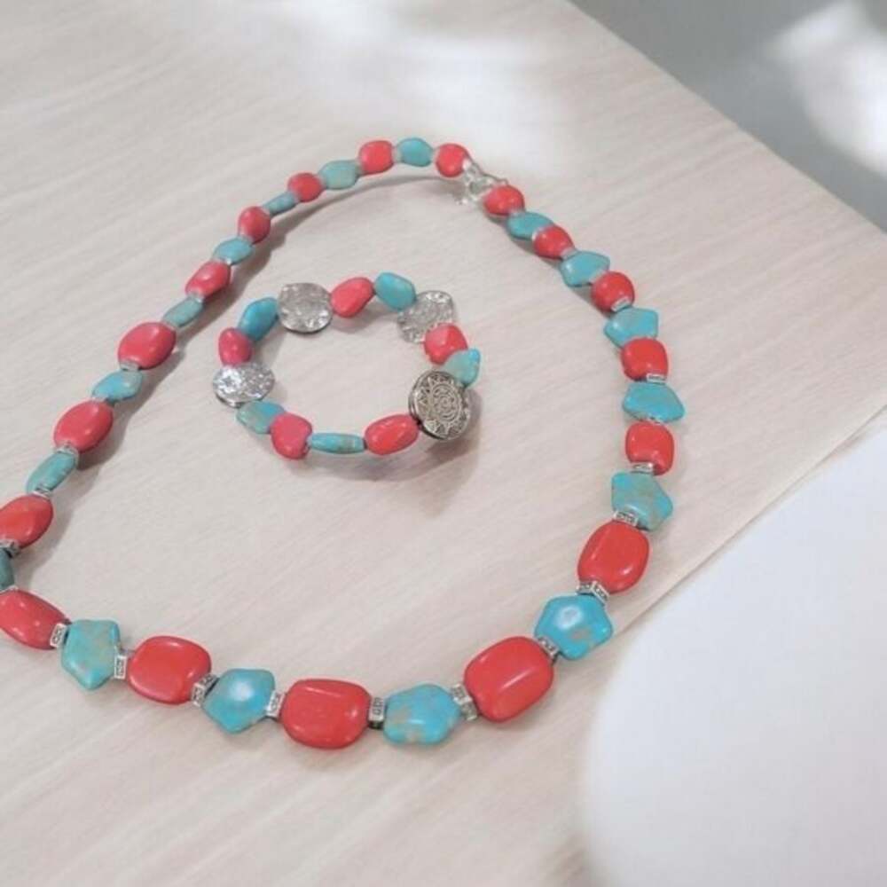 Turquoise and Red Bead Necklace and earring set